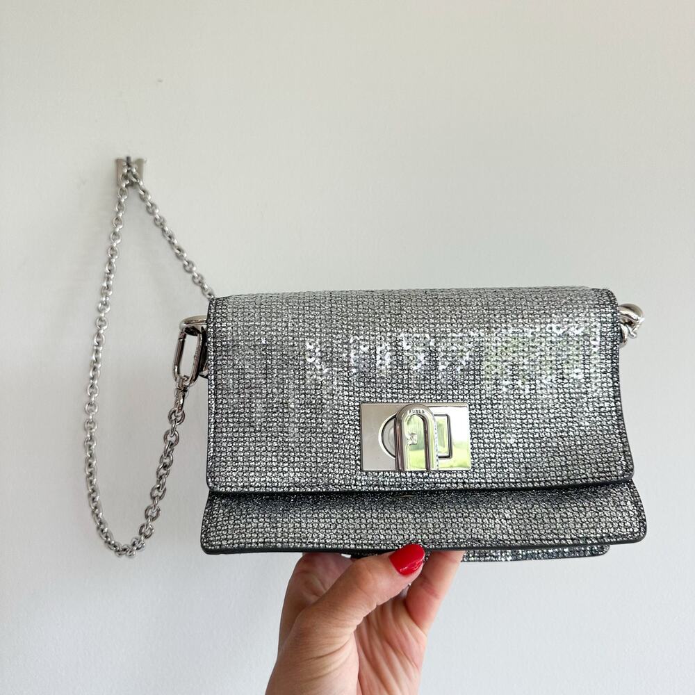 FURLA 1927 Glitter Embellished Chain Strap Mini Crossbody Bag Silver